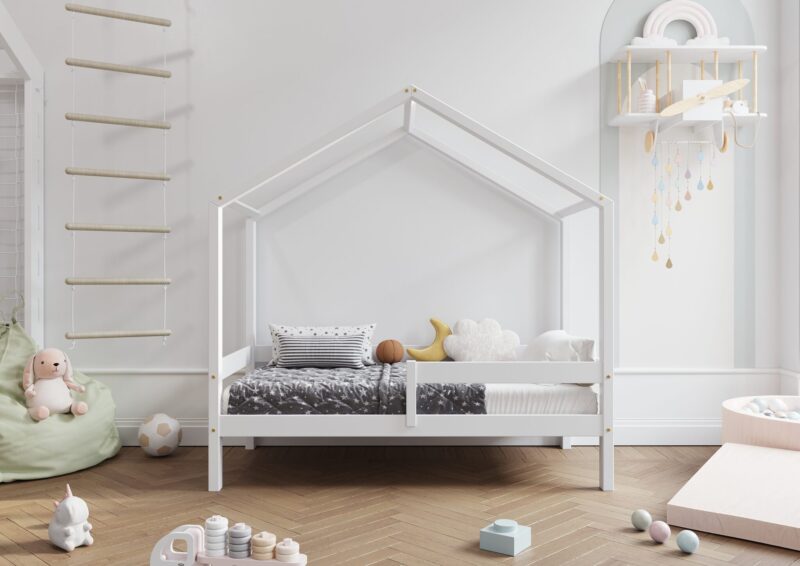 HUFFIE  drewniane łóżko dziecięce domek z poziomymi barierkami wysokie