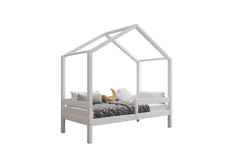 HUFFIE  drewniane łóżko dziecięce domek z poziomymi barierkami wysokie