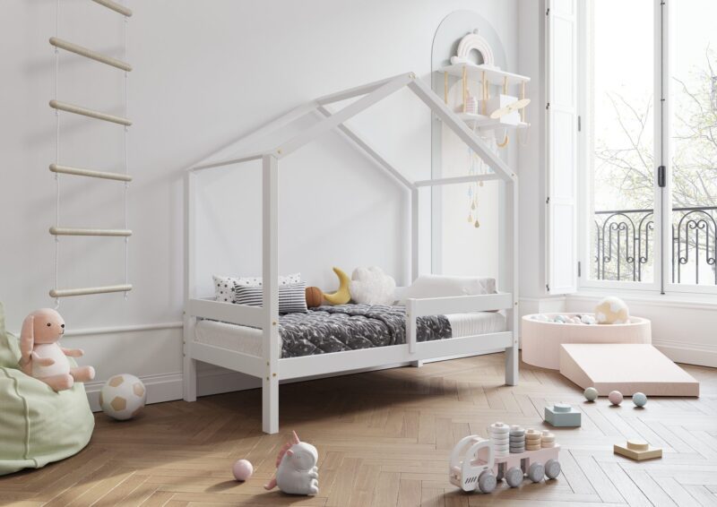 HUFFIE  drewniane łóżko dziecięce domek z poziomymi barierkami wysokie