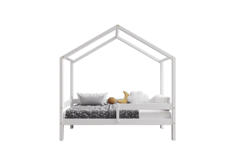 HUFFIE  drewniane łóżko dziecięce domek z poziomymi barierkami wysokie