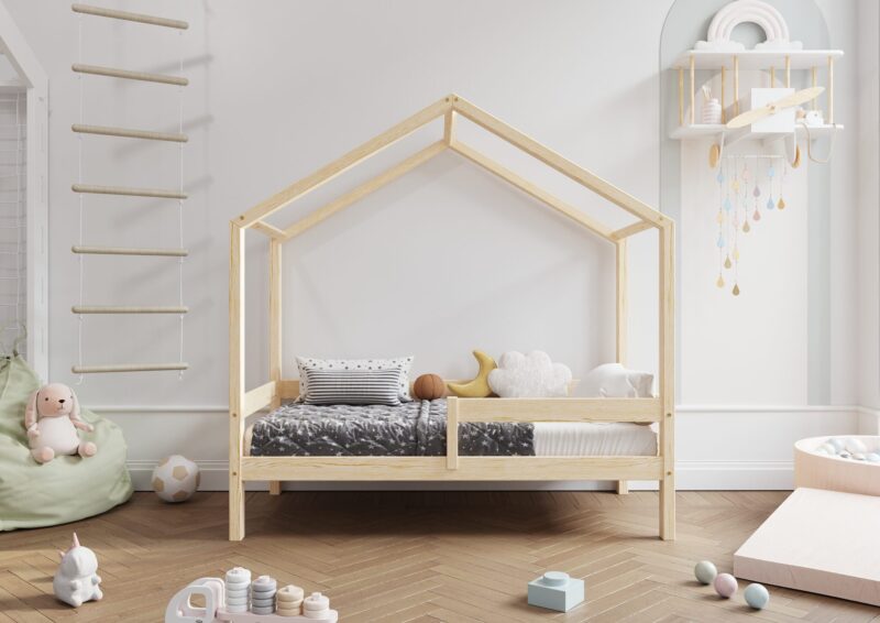 HUFFIE  drewniane łóżko dziecięce domek z poziomymi barierkami wysokie