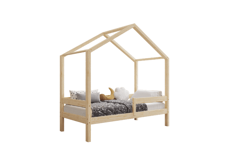 HUFFIE  drewniane łóżko dziecięce domek z poziomymi barierkami wysokie