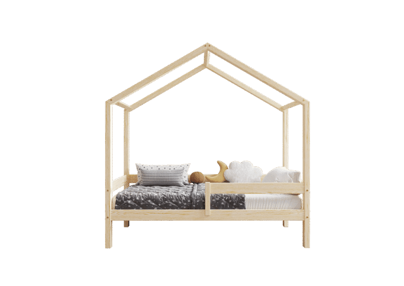 HUFFIE  drewniane łóżko dziecięce domek z poziomymi barierkami wysokie