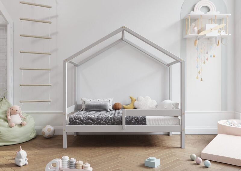 HUFFIE  drewniane łóżko dziecięce domek z poziomymi barierkami wysokie