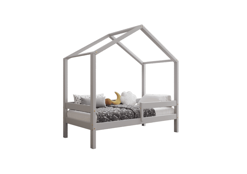 HUFFIE  drewniane łóżko dziecięce domek z poziomymi barierkami wysokie