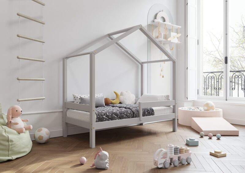 HUFFIE  drewniane łóżko dziecięce domek z poziomymi barierkami wysokie