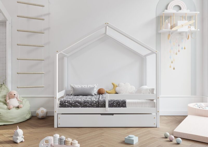 HUFFIE drewniane łóżko domek dziecięce z poziomymi barierkami i szufladą z funkcją spania