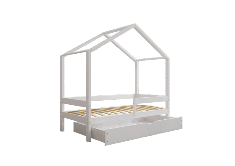 HUFFIE BOX drewniane łóżko domek dziecięce z poziomymi barierkami i szufladą na pościel