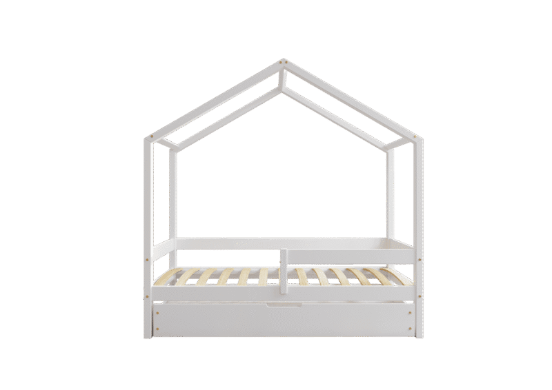 HUFFIE BOX drewniane łóżko domek dziecięce z poziomymi barierkami i szufladą na pościel