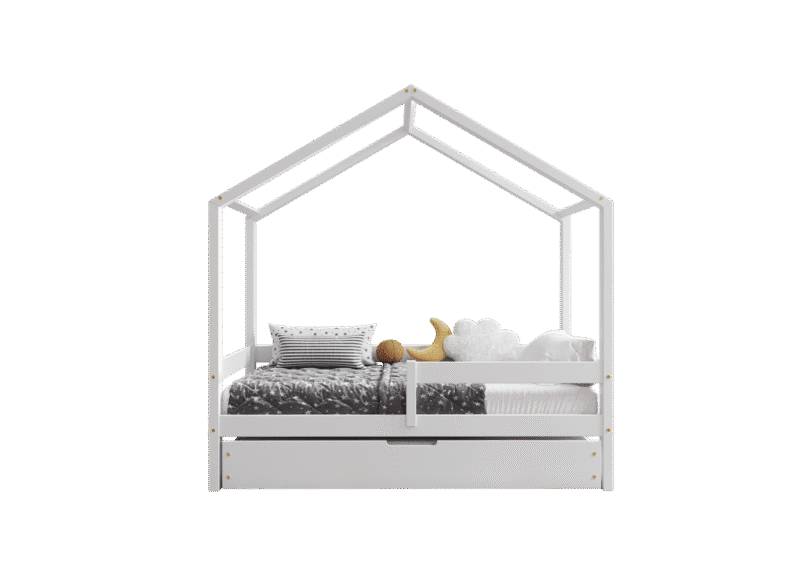 HUFFIE BOX drewniane łóżko domek dziecięce z poziomymi barierkami i szufladą na pościel