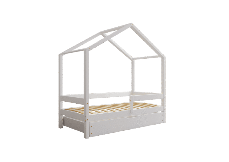HUFFIE BOX drewniane łóżko domek dziecięce z poziomymi barierkami i szufladą na pościel