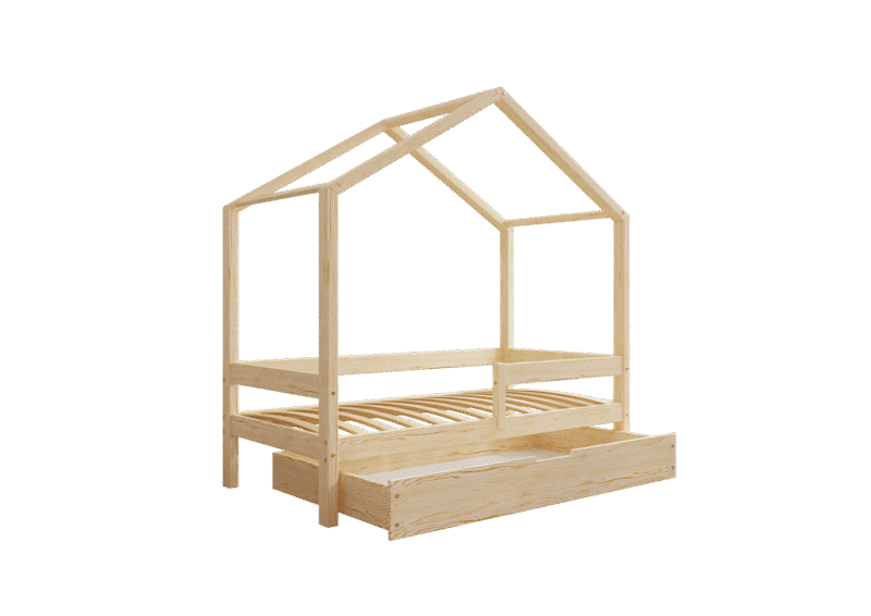 HUFFIE BOX drewniane łóżko domek dziecięce z poziomymi barierkami i szufladą na pościel