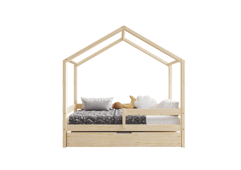 HUFFIE BOX drewniane łóżko domek dziecięce z poziomymi barierkami i szufladą na pościel