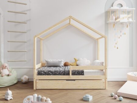 HUFFIE BOX drewniane łóżko domek dziecięce z poziomymi barierkami i szufladą na pościel – wysyłka 48h