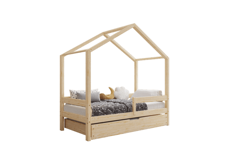 HUFFIE BOX drewniane łóżko domek dziecięce z poziomymi barierkami i szufladą na pościel
