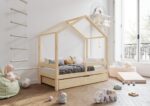 HUFFIE BOX drewniane łóżko domek dziecięce z poziomymi barierkami i szufladą na pościel