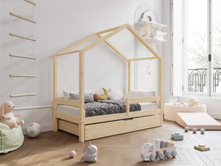 HUFFIE BOX drewniane łóżko domek dziecięce z poziomymi barierkami i szufladą na pościel