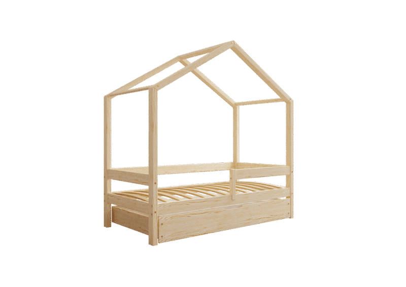 HUFFIE BOX drewniane łóżko domek dziecięce z poziomymi barierkami i szufladą na pościel