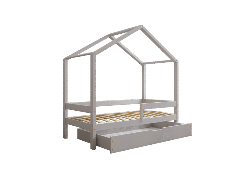 HUFFIE BOX drewniane łóżko domek dziecięce z poziomymi barierkami i szufladą na pościel