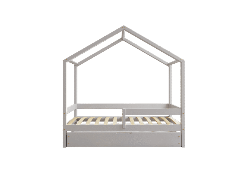 HUFFIE BOX drewniane łóżko domek dziecięce z poziomymi barierkami i szufladą na pościel