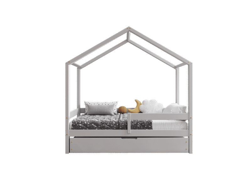 HUFFIE BOX drewniane łóżko domek dziecięce z poziomymi barierkami i szufladą na pościel