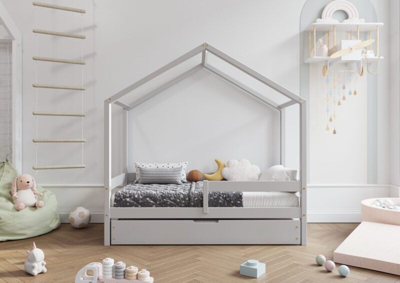 HUFFIE BOX drewniane łóżko domek dziecięce z poziomymi barierkami i szufladą na pościel