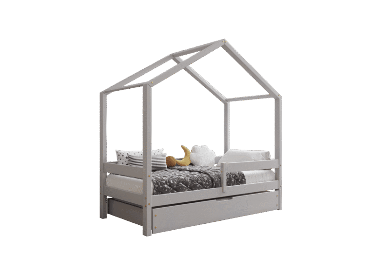 HUFFIE BOX drewniane łóżko domek dziecięce z poziomymi barierkami i szufladą na pościel
