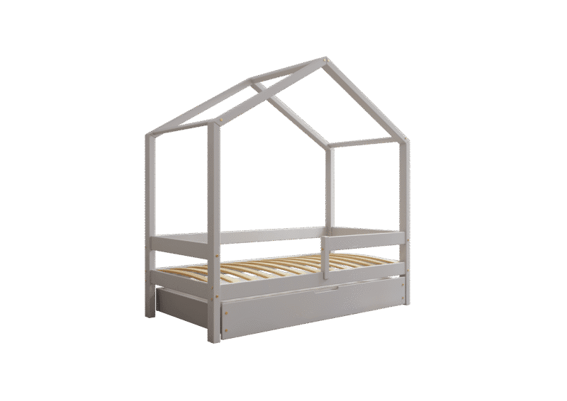 HUFFIE BOX drewniane łóżko domek dziecięce z poziomymi barierkami i szufladą na pościel