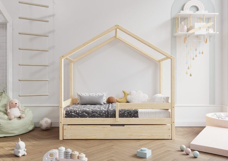 HUFFIE drewniane łóżko domek dziecięce z poziomymi barierkami i szufladą z funkcją spania