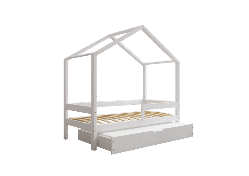 HUFFIE drewniane łóżko domek dziecięce z poziomymi barierkami i szufladą z funkcją spania