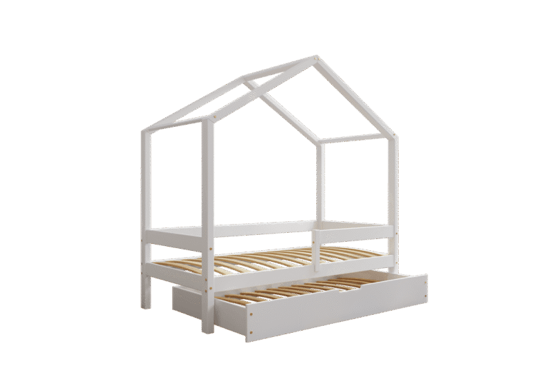 HUFFIE drewniane łóżko domek dziecięce z poziomymi barierkami i szufladą z funkcją spania