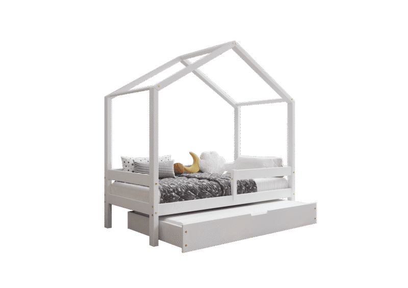 HUFFIE drewniane łóżko domek dziecięce z poziomymi barierkami i szufladą z funkcją spania