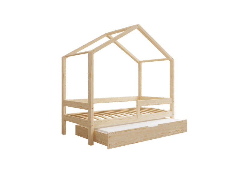 HUFFIE drewniane łóżko domek dziecięce z poziomymi barierkami i szufladą z funkcją spania