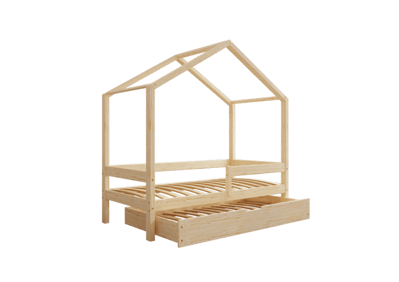HUFFIE drewniane łóżko domek dziecięce z poziomymi barierkami i szufladą z funkcją spania