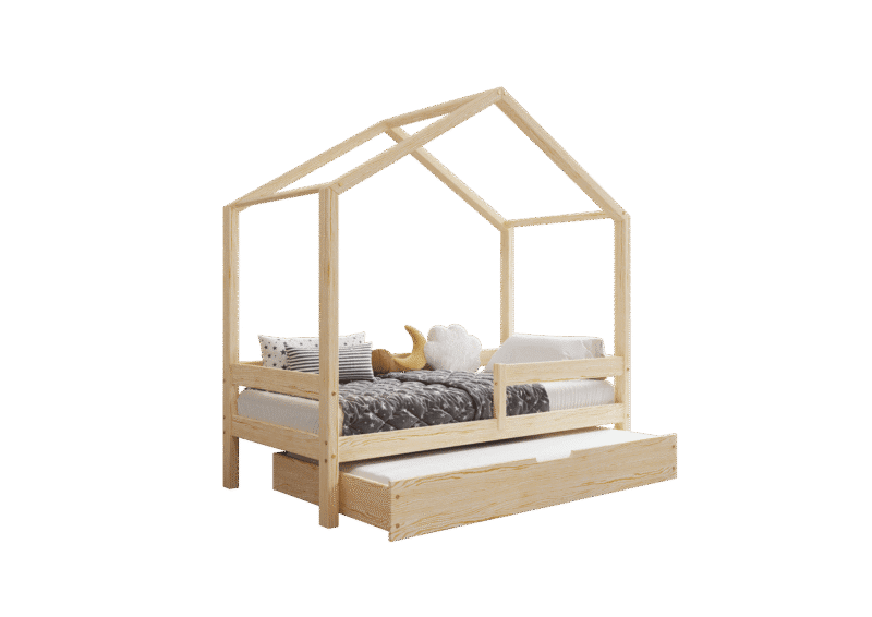 HUFFIE drewniane łóżko domek dziecięce z poziomymi barierkami i szufladą z funkcją spania