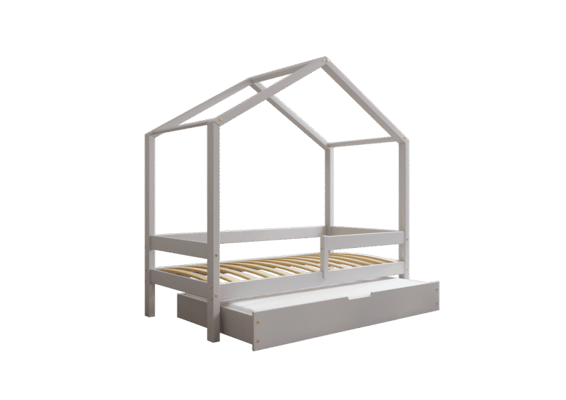 HUFFIE drewniane łóżko domek dziecięce z poziomymi barierkami i szufladą z funkcją spania
