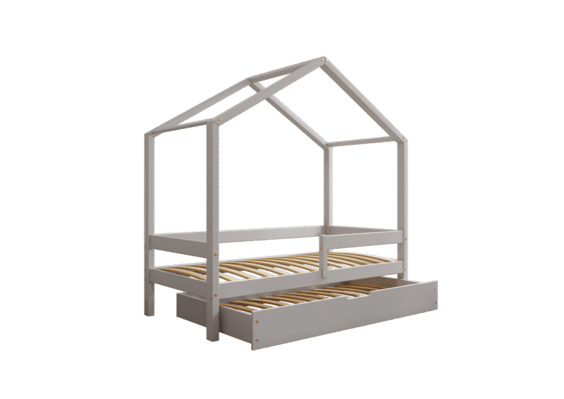 HUFFIE drewniane łóżko domek dziecięce z poziomymi barierkami i szufladą z funkcją spania