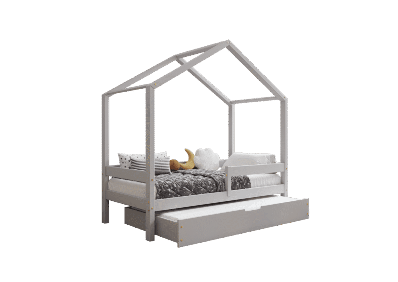 HUFFIE drewniane łóżko domek dziecięce z poziomymi barierkami i szufladą z funkcją spania