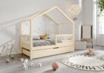 MURLO klasyczne drewniane łóżko dziecięce z okrągłymi szczebelkami i szufladą na pościel