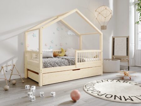 MURLO klasyczne drewniane łóżko dziecięce z okrągłymi szczebelkami i szufladą na pościel