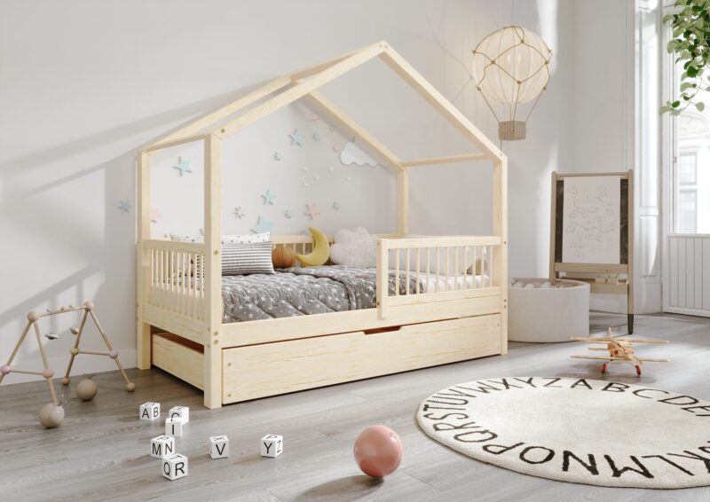 MURLO klasyczne drewniane łóżko dziecięce z okrągłymi szczebelkami i szufladą na pościel