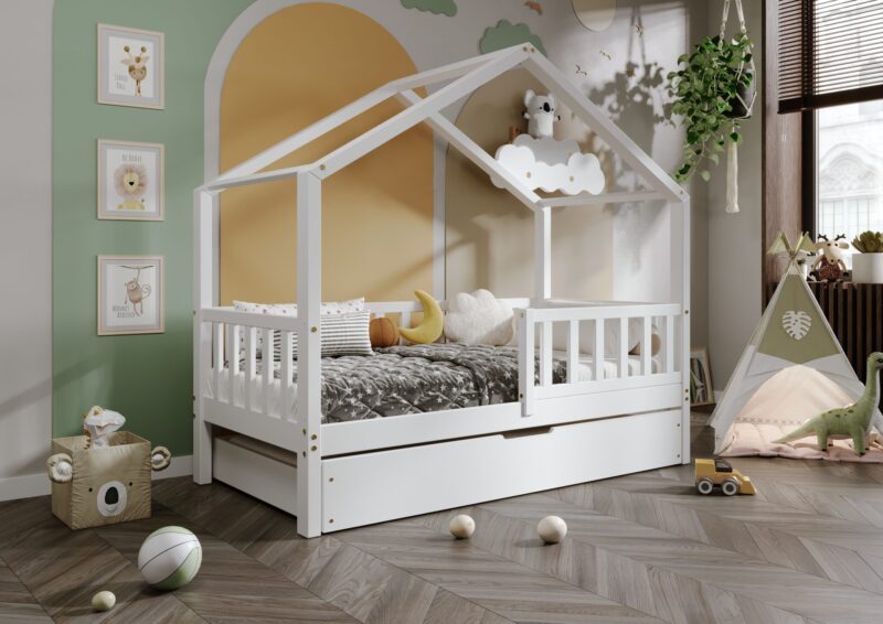 DORMIO drewniane łóżko - domek dziecięce z prostokątnymi szczebelkami i szufladą na pościel