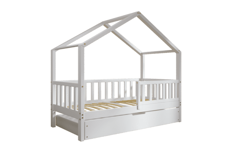 DORMIO drewniane łóżko - domek dziecięce z prostokątnymi szczebelkami i szufladą na pościel
