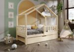 DORMIO drewniane łóżko - domek dziecięce z prostokątnymi szczebelkami i szufladą na pościel