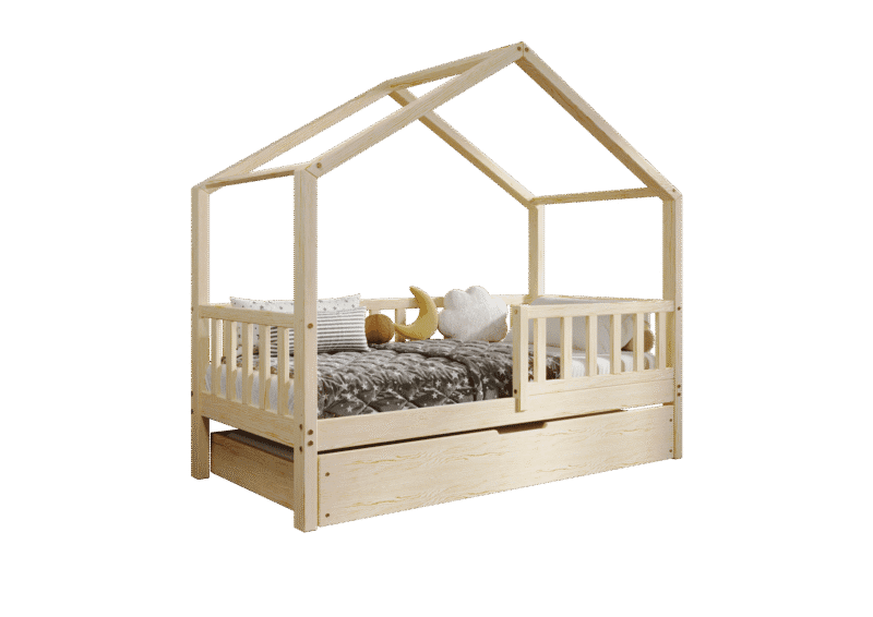 DORMIO drewniane łóżko - domek dziecięce z prostokątnymi szczebelkami i szufladą na pościel