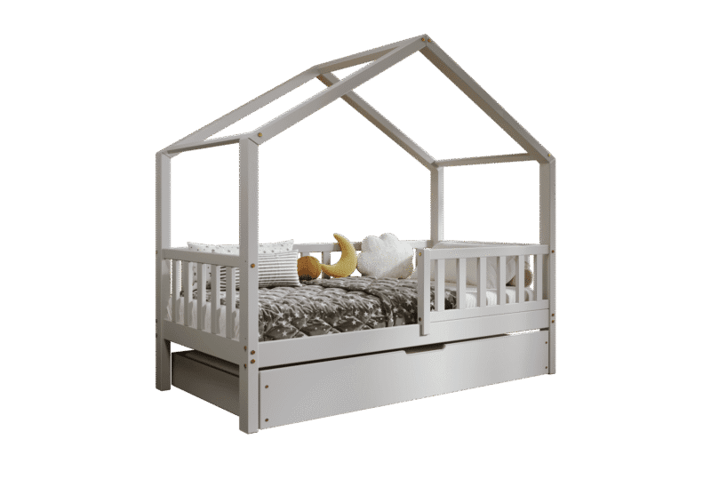 DORMIO drewniane łóżko - domek dziecięce z prostokątnymi szczebelkami i szufladą na pościel