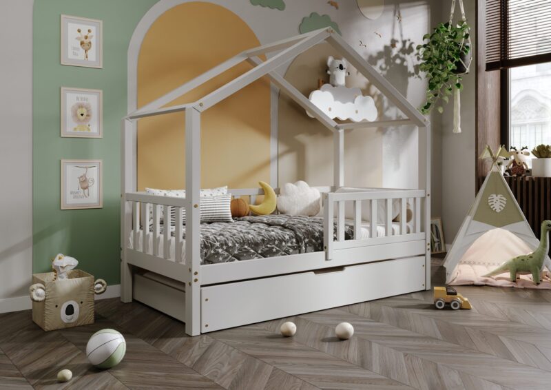 DORMIO drewniane łóżko - domek dziecięce z prostokątnymi szczebelkami i szufladą na pościel