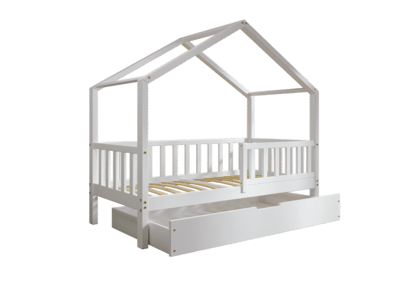 DORMIO drewniane łóżko - domek dziecięce z prostokątnymi szczebelkami i szufladą na pościel