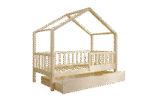 DORMIO drewniane łóżko - domek dziecięce z prostokątnymi szczebelkami i szufladą na pościel