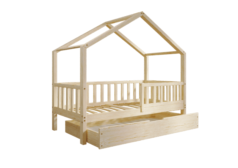 DORMIO drewniane łóżko - domek dziecięce z prostokątnymi szczebelkami i szufladą na pościel